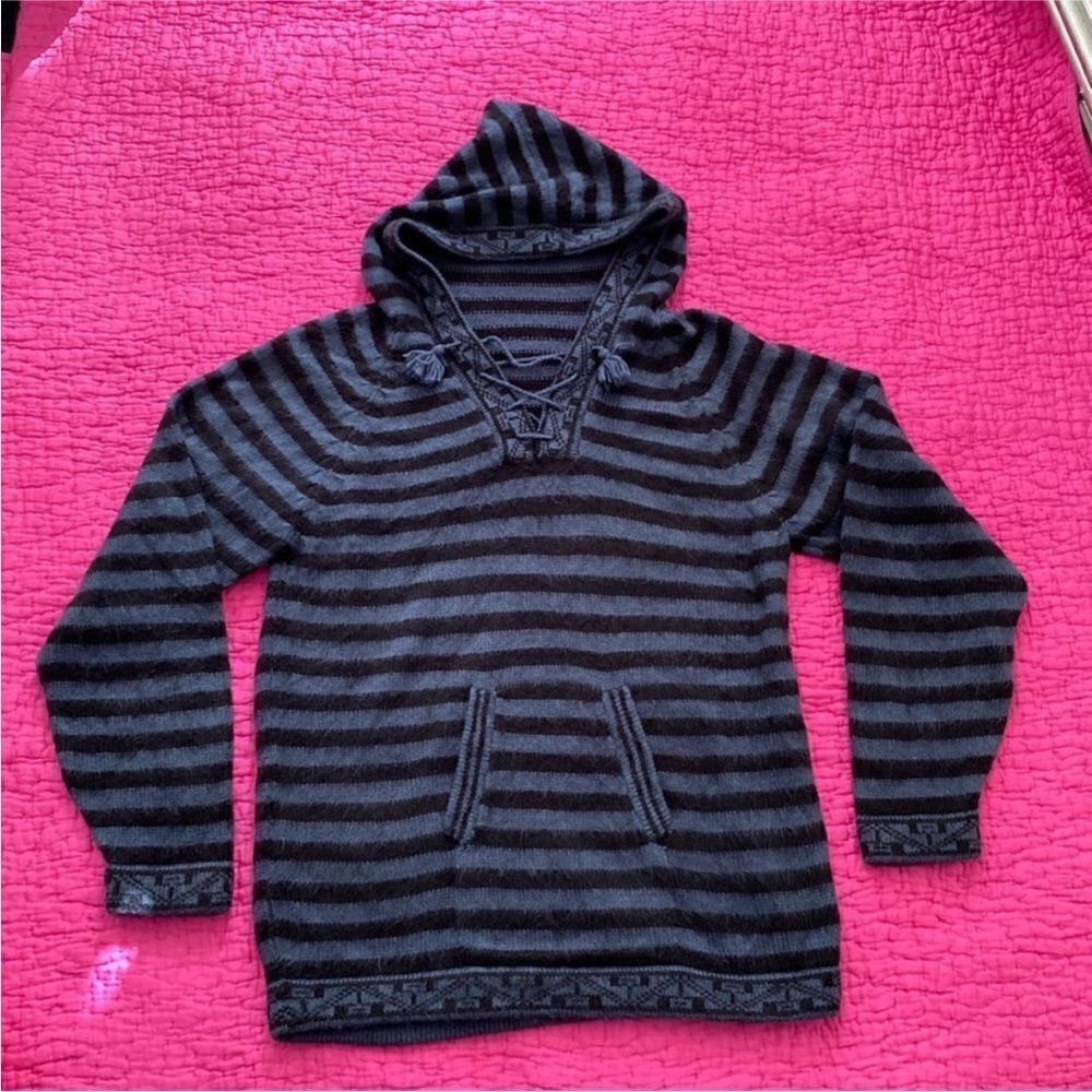 Artisan alpaca Striped Black and Gray hooded  Sweater, S
